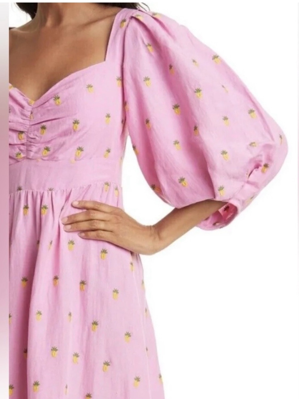 Farm Rio Embroidered Pineapple Pink Linen Midi Dress. Worn Only Once - Picture 3 of 7